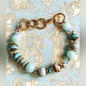 Mint Amazonite & Glazed Porcelain Picasso Beads In Mint Green Bracelet